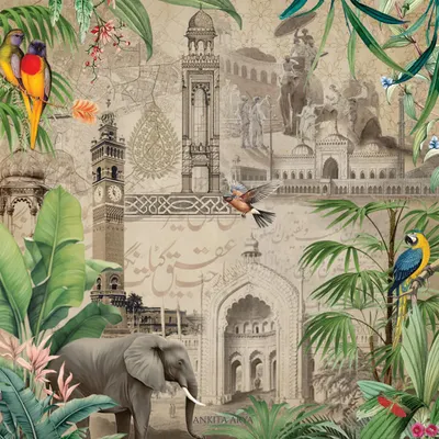 This artwork is a collage of Lucknow's soul, blending its Nawabi architecture like the Rumi Darwaza with tropical flora and fauna. It's a modern tribute to the city's rich history.