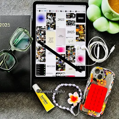 A New Year planning flatlay featuring my 2025 vision board on an iPad, a planner, chai, and other daily essentials. This is a great example of goal-oriented, motivational content.