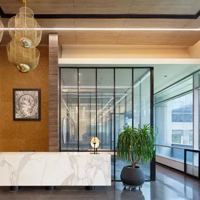 The reception lobby at the APT office in New Delhi, featuring a marble desk and warm wood tones. The design establishes a professional yet inviting first impression, balancing corporate sophistication with natural materials and abundant light from the large windows.