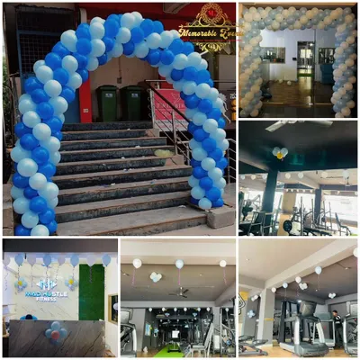 This collage shows a full decoration project for Mad Castle Fitness. I created a blue and white balloon arch for the entrance and placed matching decor at the reception and throughout the gym floor for their event.