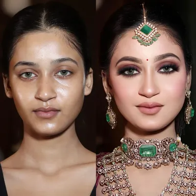 A bridal look fit for royalty. The focus here was on creating intensely captivating smokey eyes to pair with her magnificent emerald jewelry, resulting in a powerful and unforgettable statement.