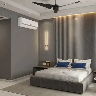 A design proposal for a modern hotel room for Salt Stayz, Gurgaon, featuring a grey fluted accent wall and contemporary lighting.