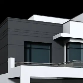 A conceptual design detail focusing on the corner of a modern building. This render explores the interplay between dark grey paneling and a clean white structure, emphasizing sharp lines and minimalist forms.