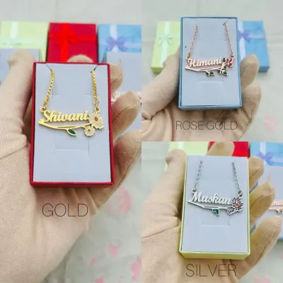 My birth flower name necklaces are available in gold, rose gold, and silver finishes. Each one is uniquely designed with a name and a small, detailed flower.
