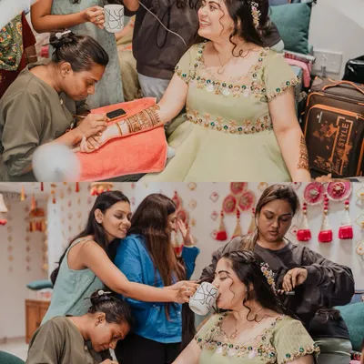 My team and I focus on making your mehendi session a comfortable and memorable experience. Here you can see us in action, ensuring the bride is cared for and can relax while we create her beautiful bridal henna.