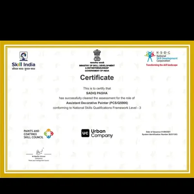 I am a professionally trained and certified Assistant Decorative Painter, recognized by the Government of India's Skill India program. This certification is your assurance of my skill and commitment to quality standards.