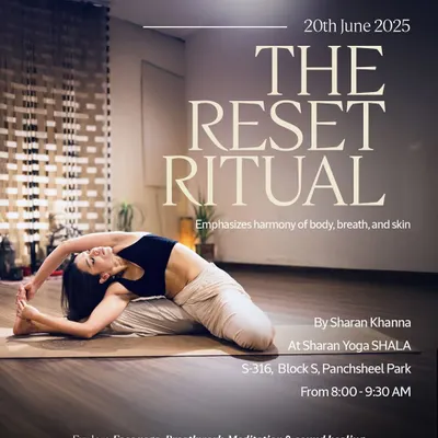 The poster for 'The Reset Ritual,' a special workshop in collaboration with L'Occitane, combining face yoga, breathwork, and sound healing for a truly harmonious experience.