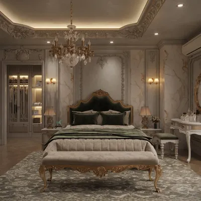 A royal master bedroom featuring classic European design elements, including ornate gold-leaf furniture, a deep green velvet headboard, and intricate wall and ceiling mouldings.