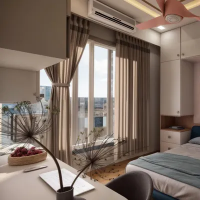 A 3D render of a bedroom designed for a 12-year-old. We selected a sophisticated and muted color palette to ensure the design remains relevant and enjoyable as the child grows, avoiding typical themes that are quickly outgrown.