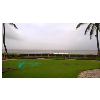 Maintaining a lawn this close to the sea requires special knowledge. We use salt-tolerant grass varieties and specific care routines to keep the turf green and healthy, creating a perfect view of the ocean.