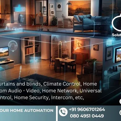 This image visualizes a fully integrated smart home. I design systems that unify control over lighting, curtains, climate, home theatre, audio, and security, all managed from a central interface or your voice.