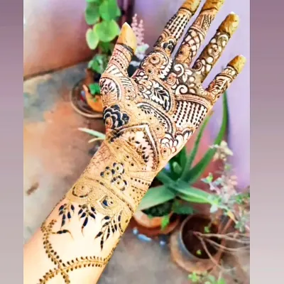 This is a great example of a heavy party mehendi design. The entire hand is filled with a variety of patterns, including checks, florals, and paisleys, for a rich and traditional look.