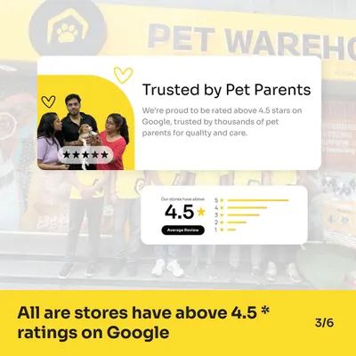 We're proud to be trusted by thousands of pet parents, with an average rating of over 4.5 stars on Google across all our stores. This graphic celebrates the trust you place in us for quality care.
