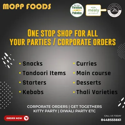 This is our promise to you: a one stop shop for all your party and corporate orders. We provide a full menu including snacks, tandoori items, starters, kebabs, curries, main courses, desserts, and various thalis.