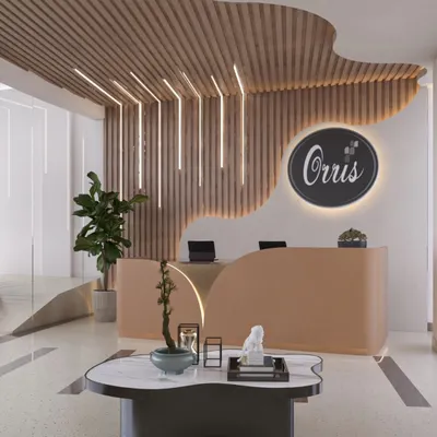 This is a design concept for a club reception area. We used earthy brown and beige tones, curved furniture, and modern lighting to create a sophisticated and welcoming space for members.