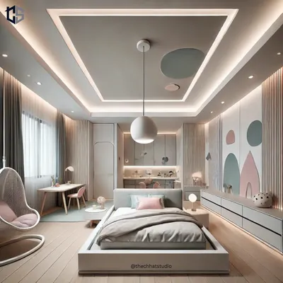A whimsical and modern bedroom design perfect for little explorers. I used a soft, pastel color palette, a cozy hanging chair, and playful wall art to create a space that is both calming and sparks imagination.