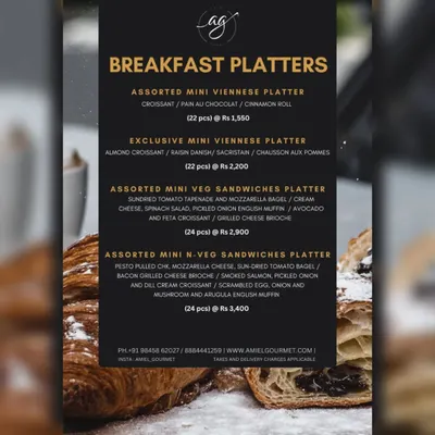 My breakfast platters menu. I offer a variety of options, including an Assorted Mini Viennese Platter, an Exclusive Mini Viennese Platter, and both Veg and Non-Veg Mini Sandwiches Platters.