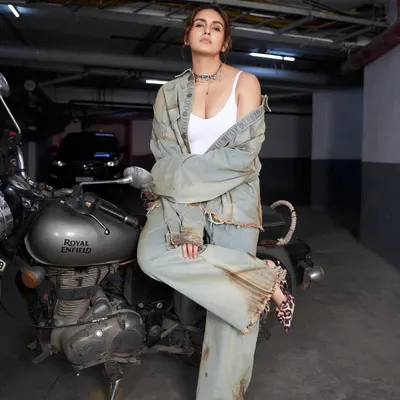 Styled this raw, grunge moment with Huma Qureshi. Rust, denim, and attitude next to a Royal Enfield is just how we like it.