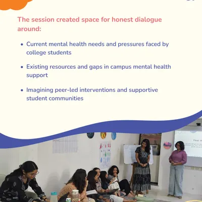 We create safe spaces for young people to talk openly about mental health. Here, we are in dialogue with college students about stress, support, and belonging, working to build communities that nurture growth and resilience.