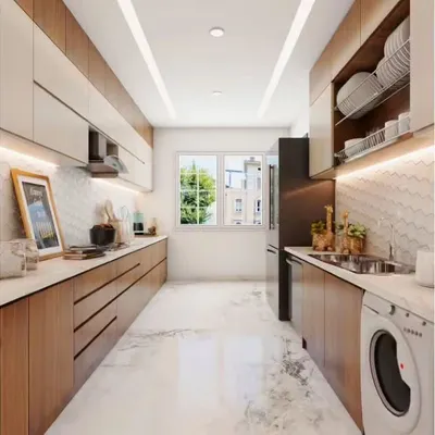 A bright and functional parallel kitchen featuring light wood cabinets and a white marble-patterned floor. This design cleverly integrates a washing machine and includes a dedicated dish-drying cabinet above the sink.