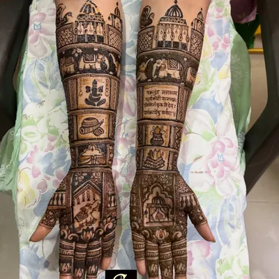 This is a close up of a highly detailed bridal design. It features intricate architectural elements inspired by temples, a figure of Ganpati for blessings, and even a Sanskrit shloka for a truly personalized touch.