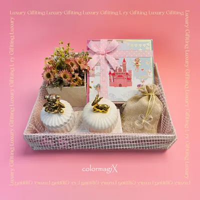 A delightful baby girl announcement hamper in a soft pink color palette. This gift set includes a themed box, decorative ceramic jars with golden animal motifs, and a small floral arrangement, all presented in a chic mesh tray.