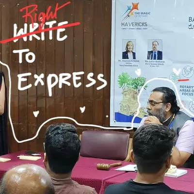 Leading a workshop on the 'Right to Express' for the Rotary Club, a theme central to all my teaching.