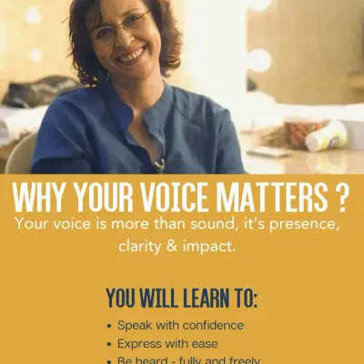Why does your voice matter? Because it’s more than sound; it’s presence, clarity, and impact. Our workshop with Shernaz Patel helps you speak with confidence and express yourself with ease.