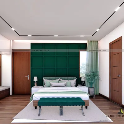 A 3D design for a master bedroom featuring a bold, dark green panelled accent wall. The wooden flooring and warm lighting create a cozy and inviting atmosphere.