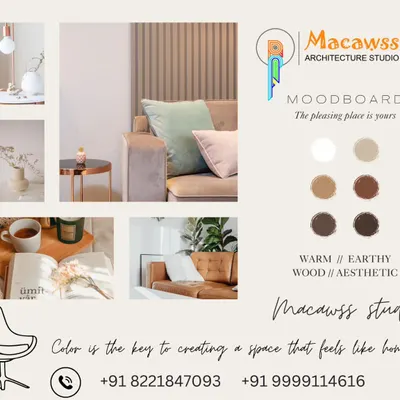 Every project begins with understanding your vibe. This is an example of a mood board I create, establishing the color palette, textures, and overall aesthetic with warm, earthy, and wood tones.