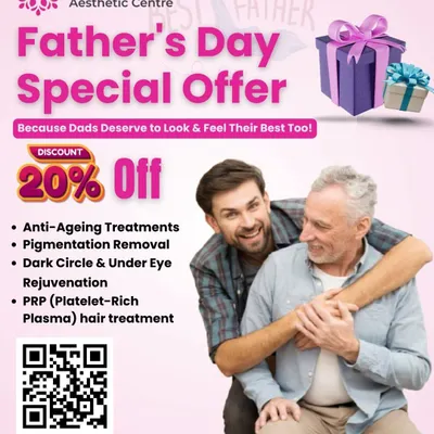 Dads deserve to feel their best too. This was a special Father's Day offer I ran, providing discounts on popular treatments for men like anti-aging, pigmentation removal, and PRP hair treatments.