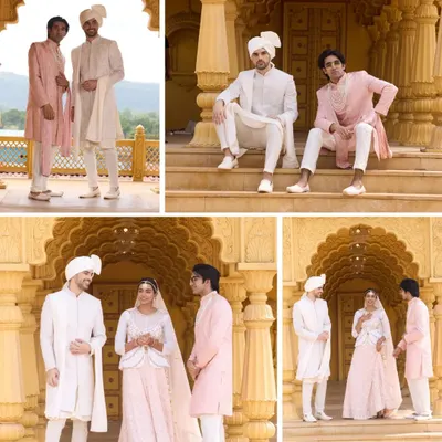 An introduction to the Inayat Collection, featuring grooms and a bride in coordinated pastel ensembles. This collection is about timeless tradition and modern sophistication, designed to make you stand out.