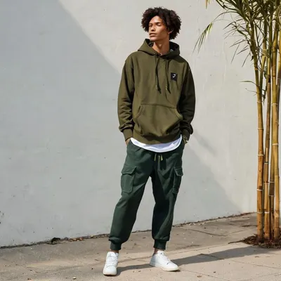 An AI concept for eco-friendly men's streetwear. This look pairs an olive green hoodie, specified as recycled polyester, with organic cotton cargo joggers, visualizing a complete sustainable outfit.