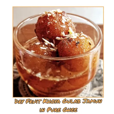 My Dry Fruit Khoya Gulab Jamuns are made from scratch with pure ghee and mawa. They are soft, spongy, and soaked in a fragrant sugar syrup, a perfect end to any meal.