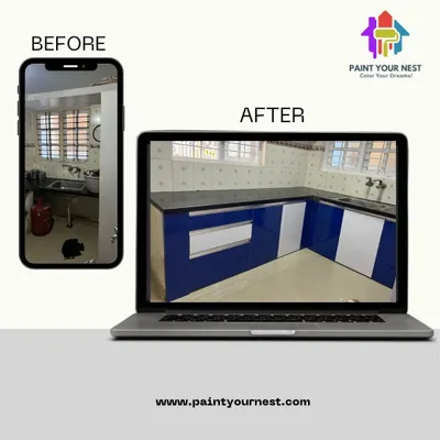 This before-and-after of a kitchen cabinet makeover is a great example of specialized painting. I used high-quality paint to create a modern, durable finish, completely changing the feel of the kitchen.