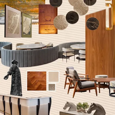 This material and mood board for the Elevate Clubhouse is a tactile exploration of the project's palette. It combines wood flooring, stone samples, sculptural elements, and furniture forms to define the space's earthy yet sophisticated narrative.