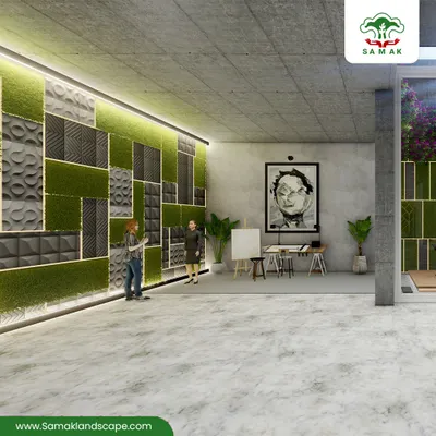 An interior green wall designed for a modern office or gallery space. This installation combines panels of preserved moss with textured acoustic panels and integrated strip lighting, demonstrating how biophilic design can be both functional and artistic.