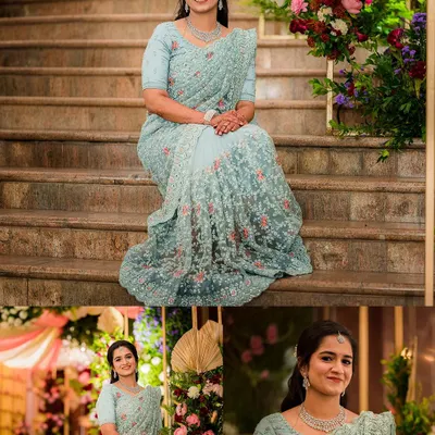 A stunning three-photo collage of a bride in her elegant light blue saree. We capture portraits from various angles to showcase the full look.