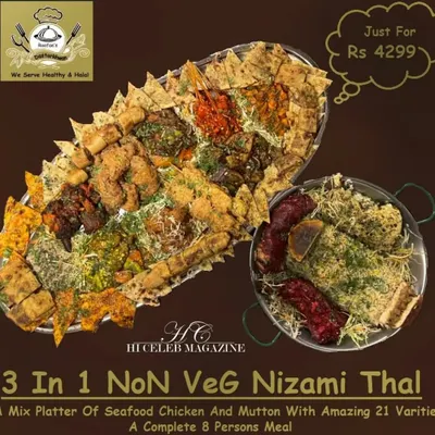 My 3-in-1 Non-Veg Nizami Thaal is a complete party solution. It's a mixed platter with 21 varieties of seafood, chicken, and mutton, making it a complete meal for 8 people. No need to order anything else.