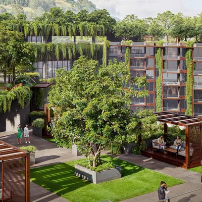 Our vision for the Westin Nashik is a prime example of biophilic architecture. The building is draped in greenery, with cascading plants and landscaped terraces that merge the structure with the lush, natural hillside.