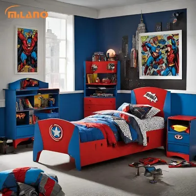 This superhero-themed kids' bedroom is one of our custom creations. We designed and built the Captain America-style bed, bookshelf, and side table to create an exciting space for a young hero.