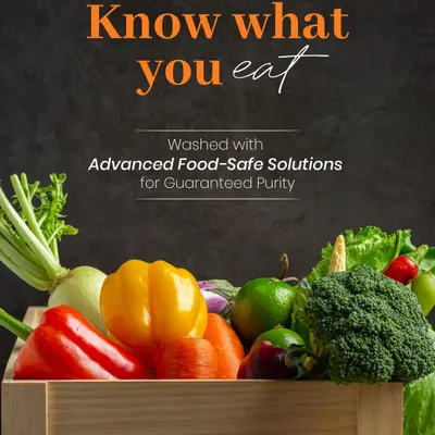 Know what you eat. I ensure every ingredient is washed with advanced food-safe solutions for guaranteed purity.
