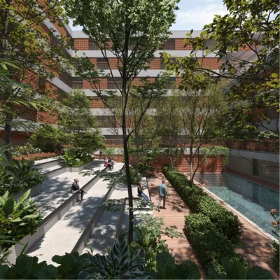 This rendering illustrates my vision for a vibrant community living project. The design integrates a swimming pool, wooden deck, and stepped seating areas within a lush central courtyard, creating multiple zones for relaxation and social interaction.