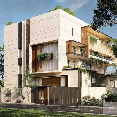Another view of our 20,000 sq. ft. mansion concept, showcasing the interplay of volumes, shadows, and integrated green spaces. Every detail is designed to evoke a sense of quiet luxury and timelessness.