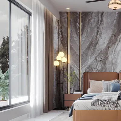 This bedroom render showcases a dramatic stone-textured feature wall with inlaid golden accents. I focused on the reflection of light on the marble floor and the soft textures of the bedding to create a sense of serene luxury.
