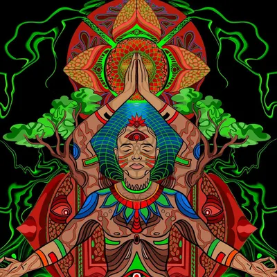 The full composition of my 'Root Chakra Healing' artwork. This version shows the figure in a meditative pose, channeling energy with a third eye, surrounded by tree branches and sacred geometry against a backdrop of flowing green energy.