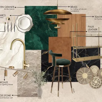 Every project begins with a material story. This palette for a bar design brings together green granite, onyx, brass, teakwood, and faux leather to craft a space that is tactile, dramatic, and timeless.