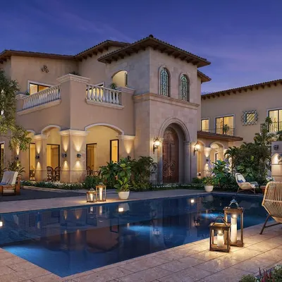 A twilight rendering of a Mediterranean-style villa for ATS Developer. We focused on creating a warm, inviting atmosphere by simulating multiple light sources, including interior lights, landscape uplighting, and lantern reflections on the pool surface, to showcase the property's evening appeal.