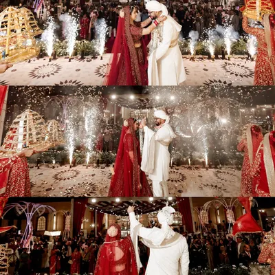 A collage capturing the spectacular Varmala ceremony. Set against a grand palace-like backdrop with pyrotechnics, these images document the couple's exchange of garlands, a moment of union and celebration.