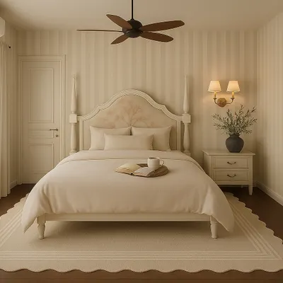 A serene and inviting mother's room, designed with a cozy four-poster bed and a subtle striped wallpaper. The neutral color palette and classic furniture create a timeless and peaceful retreat.